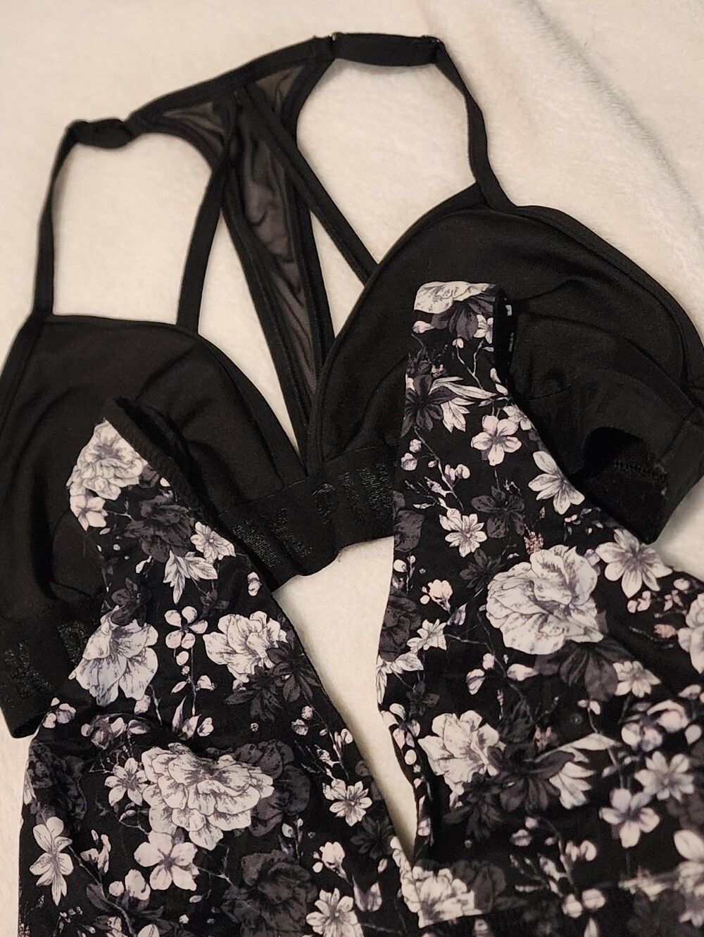 PINK Victoria's Secret Black Floral Bralette with White Floral Print